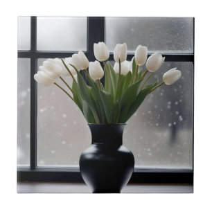 Winter's Grace: witte tulpen in een zwarte vaas Tegeltje