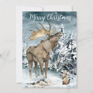 Winters landschap Aquarel Eland Kerstmis Postca Feestdagenkaart