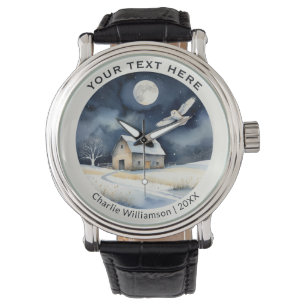 Winters sneeuwsfeer met kerkuil gepersonaliseerd horloge