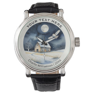 Winters sneeuwsfeer met kerkuil gepersonaliseerd horloge
