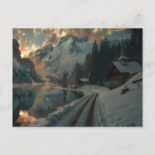 Winterscène met houten gebouwen briefkaart