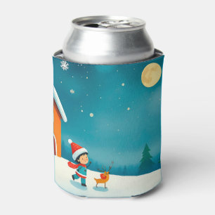 Winterscène met kind, rendier, kerstboom blikjeskoeler