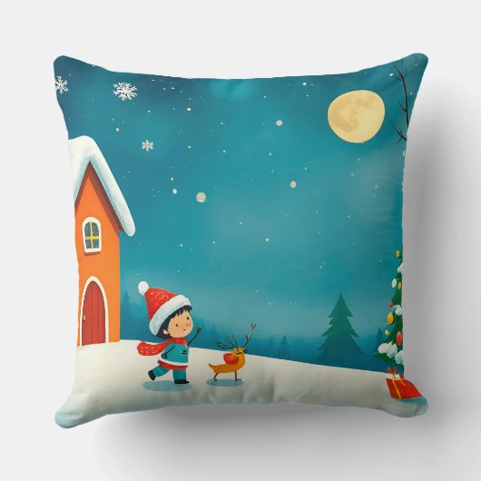 Winterscène met kind, rendier, kerstboom kussen (Achterkant)