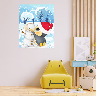 Winterscène met pinguïn en sneeuwpop poster