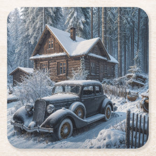 Winterscène van een besneeuwde hut in de bossen vierkante kartonnen onderzetter