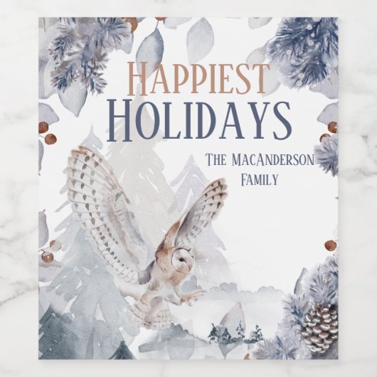 Winterschuur uil bos sneeuwbos schilderachtig wijn etiket (Enkel label)