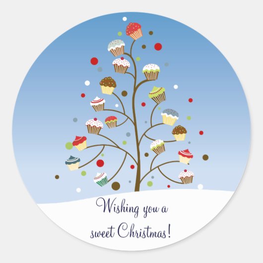 Winterse kerstboom van cupcakes ronde sticker (Voorkant)