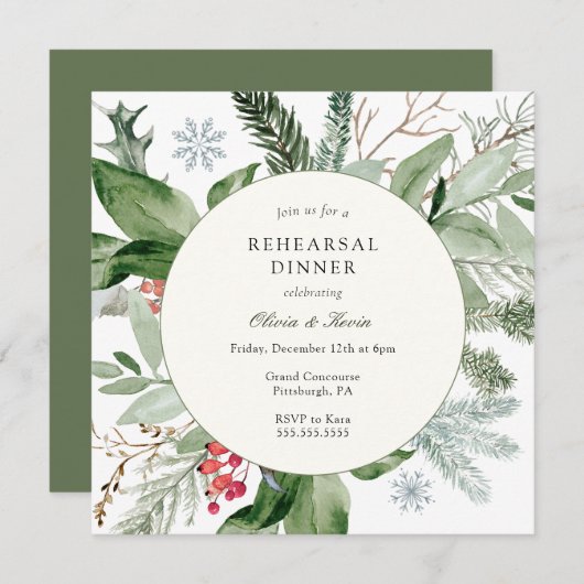 Wintersneeuw en Evergreen bruiloft repetitie diner Kaart (Voorkant / Achterkant)