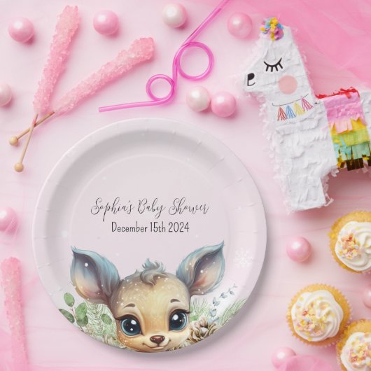 Wintersneeuw Koud Buiten Roze Baby shower Herten Papieren Bordje (Feest)