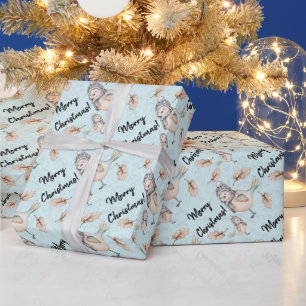 Wintersneeuw Sparrow in blauwe Waterverf Cadeaupapier