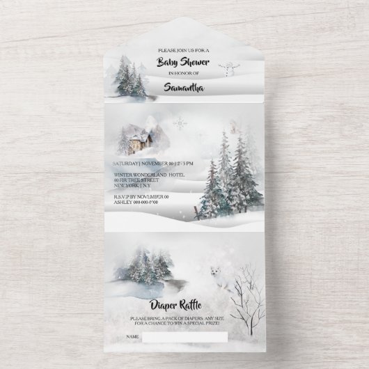 Wintersneeuwkajuit met witte vosseil wonderland all in one uitnodiging (Binnen)