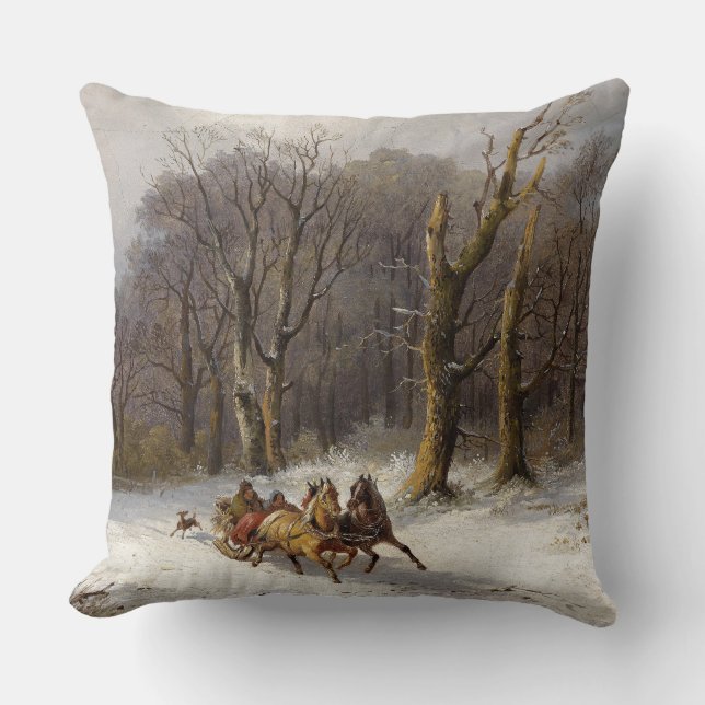 Wintersneeuwpaarden Sleigh Ride Forest Sierkussen (Voorkant)