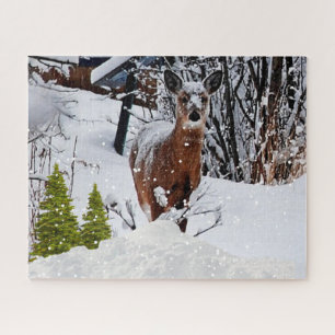 Wintersneeuwscène met Mule Deer Wildlife Legpuzzel