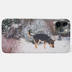 Wintersneeuwscène met schattige zwarte en geelbru iPhone 11 pro max hoesje
