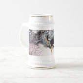 Wintersneeuwscène met schattige zwarte en geelbrui bierpul (Voorkant links)