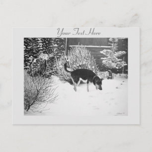 Wintersneeuwscène met schattige zwarte en geelbrui briefkaart