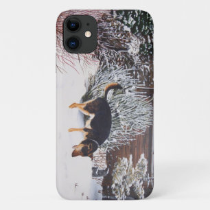 Wintersneeuwscène met schattige zwarte en geelbrui iPhone 11 hoesje