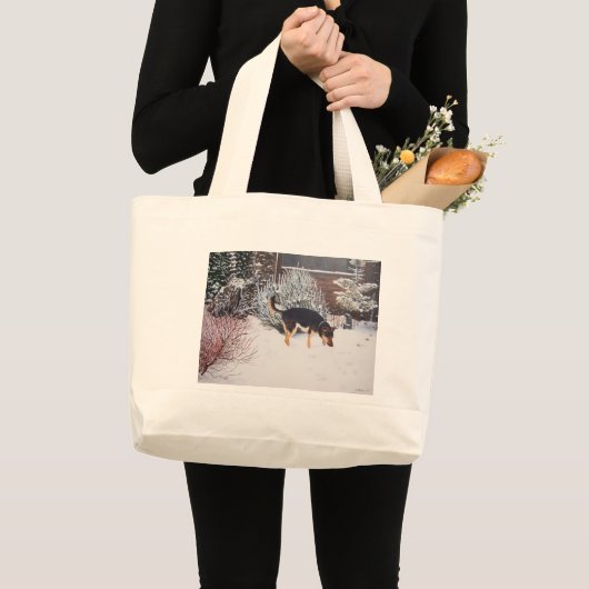 Wintersneeuwscène met schattige zwarte en geelbrui grote tote bag (Voorkant (product))