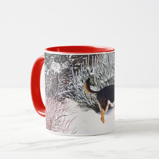 Wintersneeuwscène met schattige zwarte en geelbrui mok (Voorkant links)