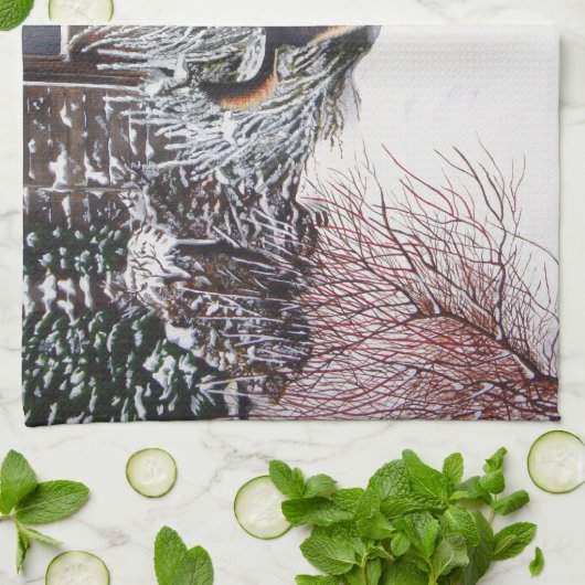 Wintersneeuwscène met schattige zwarte en geelbrui theedoek (Gevouwen)