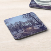 Wintersneeuwstadspark in de avond bier onderzetter (Linkerzijde)