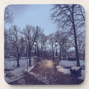 Wintersneeuwstadspark in de avond bier onderzetter
