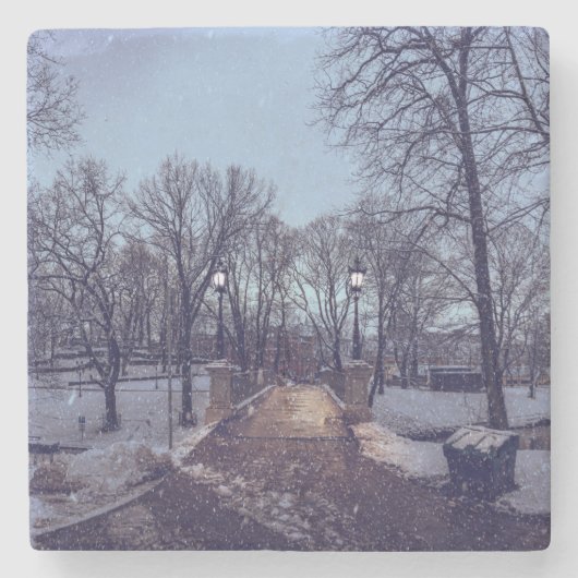 Wintersneeuwstadspark in de avond stenen onderzetter (Voorkant)