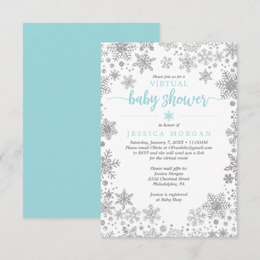 Wintersneeuwvlok Virtual Baby shower Invitation Kaart (Voorkant / Achterkant)