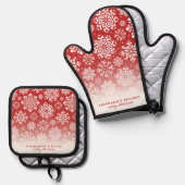 Wintersneeuwvlokken op rood Schattige Ombre Kerst Ovenwant & Pannenlap Set (Voorkant / Achterkant)