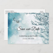 Wintersneeuwvlokken Woensnende BESPAAR ONZE DATUM Aankondigingskaart (Voorkant / Achterkant)