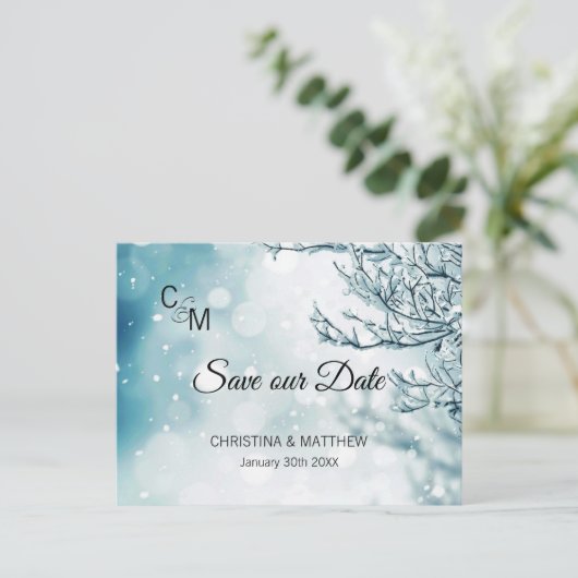 Wintersneeuwvlokken Woensnende BESPAAR ONZE DATUM Aankondigingskaart (Staand voorkant)