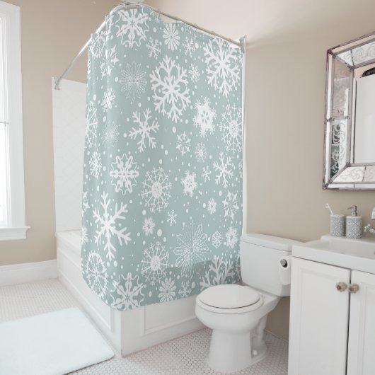 Wintersnowflakes, licht Blauwgroen en wit Douchegordijn (In situ)
