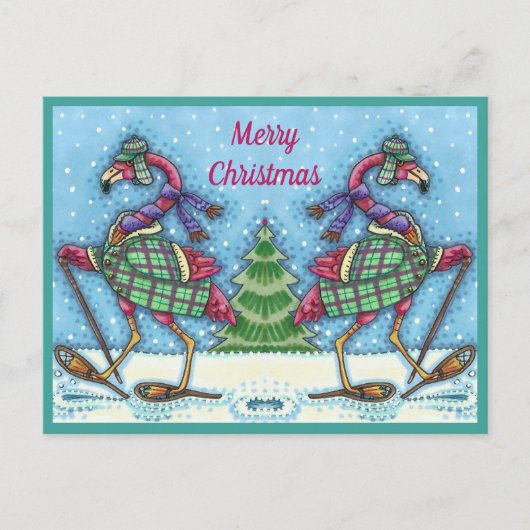 WINTERSNOWSHOES EN KOOPPINKFLAMINGO TREKKEN FEESTDAGENKAART (Voorkant)