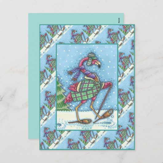 WINTERSNOWSHOES EN KOOPPINKFLAMINGO TREKKEN FEESTDAGENKAART (Voorkant / Achterkant)