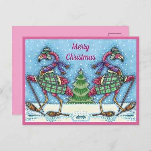 WINTERSNOWSHOES EN KOOPPINKFLAMINGO TREKKEN FEESTDAGENKAART (Voorkant / Achterkant)