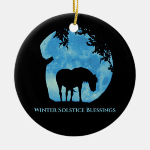 Wintersolstice-paard en eikenbomen keramisch ornament