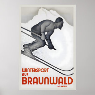 Wintersport in Braunwald Zwitserland Vintage Ski Poster