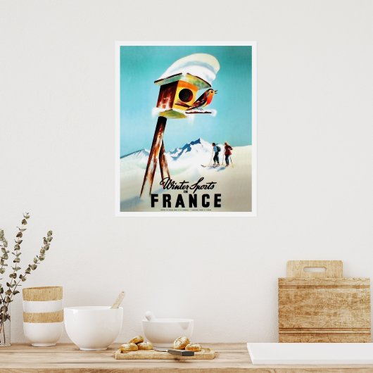 Wintersport in Frankrijk, kleine vogel thuis Poster (Keuken)