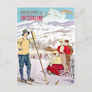 Wintersport in Zwitserland, oldtimers Briefkaart