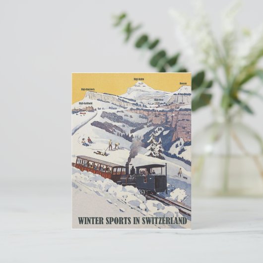 Wintersport in Zwitserland, oldtimers Briefkaart (Staand voorkant)