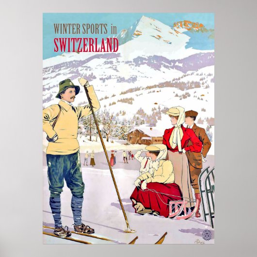 Wintersport in Zwitserland, oldtimers Poster (Voorkant)