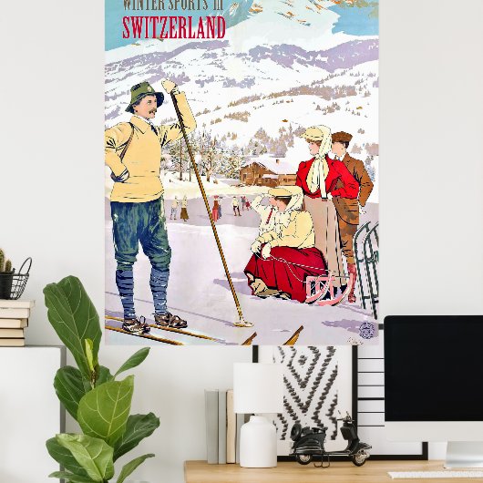 Wintersport in Zwitserland, oldtimers Poster (Thuiskantoor)
