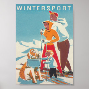 Wintersport Ski Family and Dog Retro  Poster