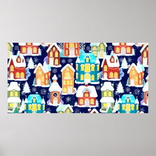 Winterstad met Victoriaans huizen. Kerstthema Poster