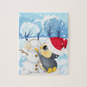 Wintertafereel Met Pinguïn En Sneeuwpop Kinderpuzz Legpuzzel