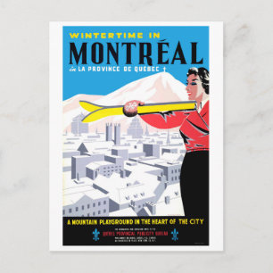 Wintertijd in Montreal, vrouw met skistoestellen Briefkaart