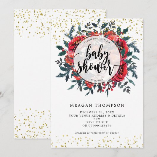 winteruitnodiging voor baby shower floral gold gli kaart (Voorkant / Achterkant)
