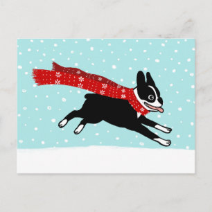 Wintervakantie Boston Terrier met rode sjaal Feestdagenkaart