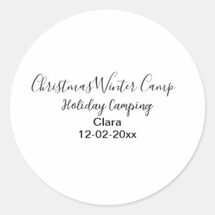 Wintervakantie camping op maat naamdatum toevoegen ronde sticker