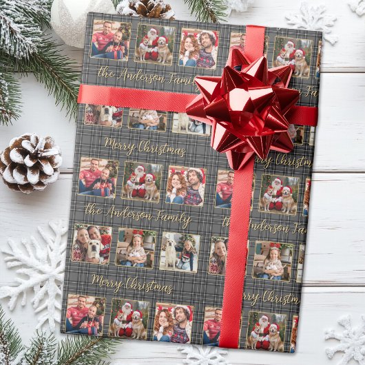 Wintervakantie Plaid Grijs Goud Custom 6 Foto's Cadeaupapier